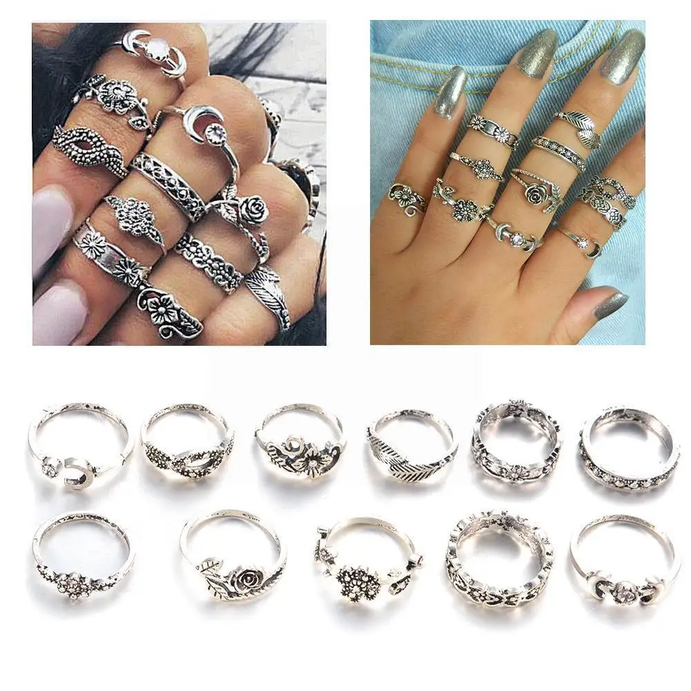 

11pcs/set Vintage Punk Ring Set Hollow Flower Midi Finger Rings For Women Bohemia Carving Leaf Sliver Gold color Rings
