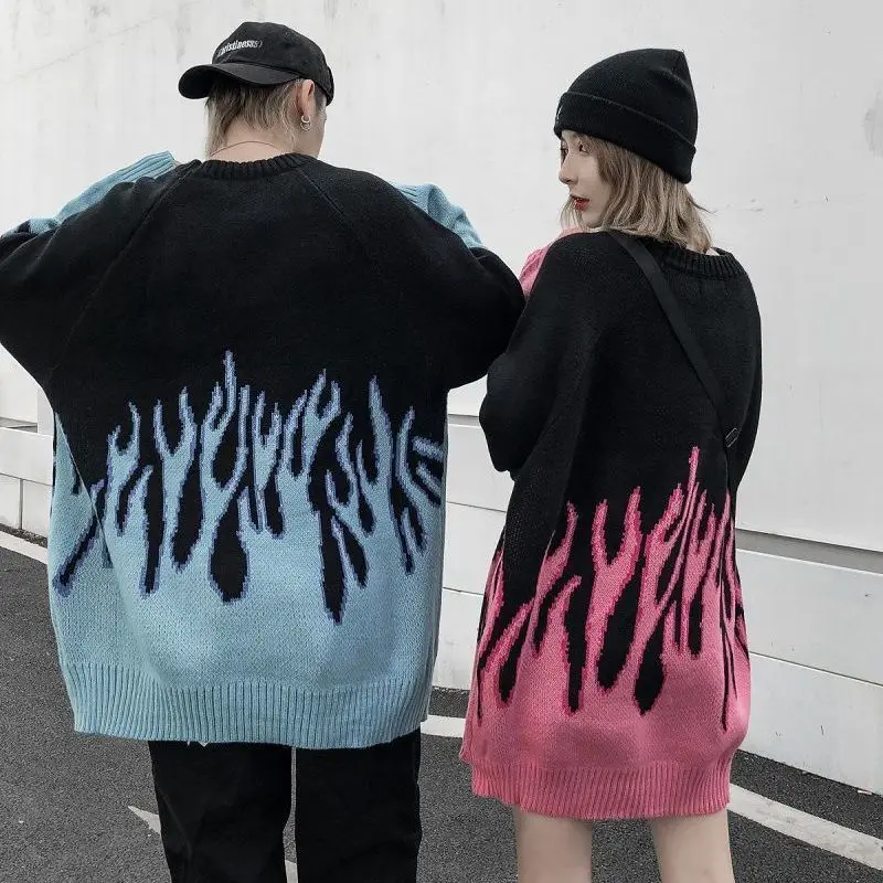 Lazy Casual Couple Unisex Sweater Mid Length Blue Flame Sweaters Women Autumn 2022 Pull Streetwear Gothic Men Knitwear images - 6