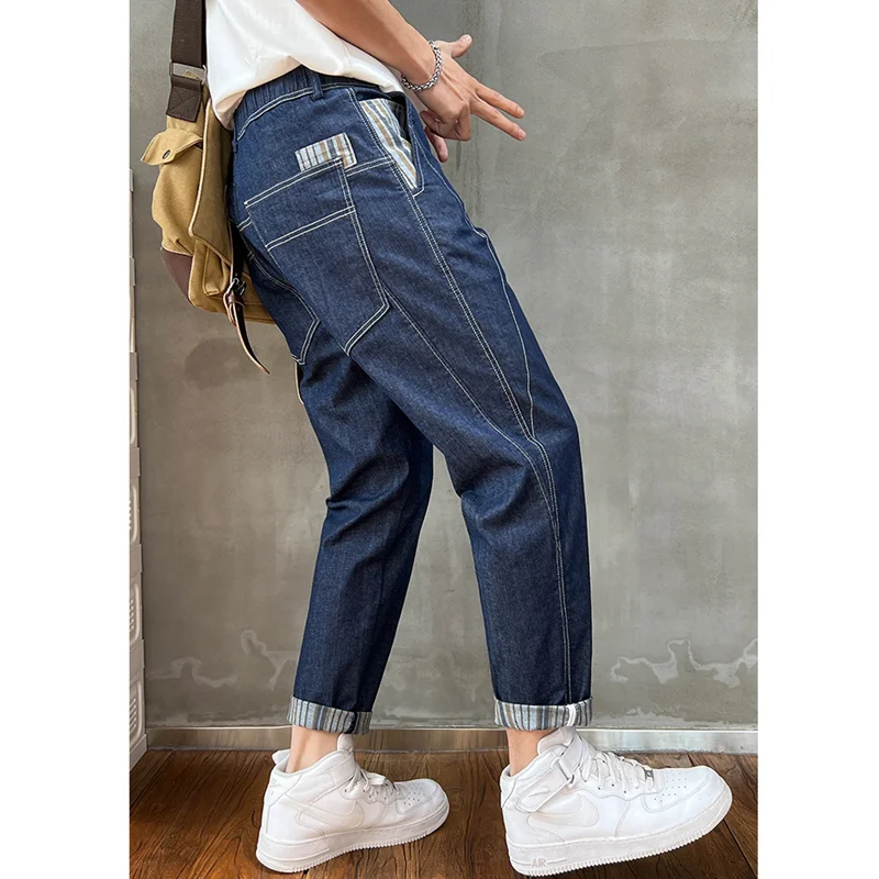 Men's Wear 2022 Autumn and Winter New Style Versatile Straight Nine Points Navy Blue Cargo Pants Loose Recreational Jeans Female