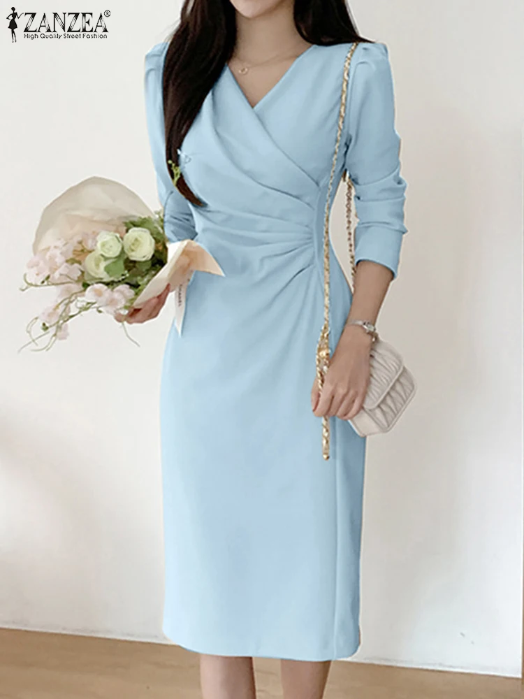 

ZANZEA Elegant Sexy Bodycorn Sundress V-Neck Long Sleeve Dress Spring Solid Color Pleated Midi Robe Female Stylish Vestidos 2023