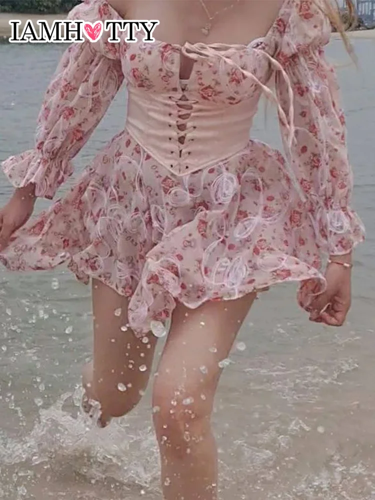 

IAMHOTTY Coquette Cottagecore Розовое женское платье шифоновое платье с длинным рукавом вырезом лодочкой праздничное вечернее ТРАПЕЦИЕВИДНОЕ мини-плат...