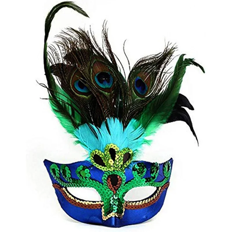 

Masquerade Mask Women Peacock Feather Mask Mardi Gras Mask Blue Green Metal Shiny Rhinestone for Christmas Party Decoration