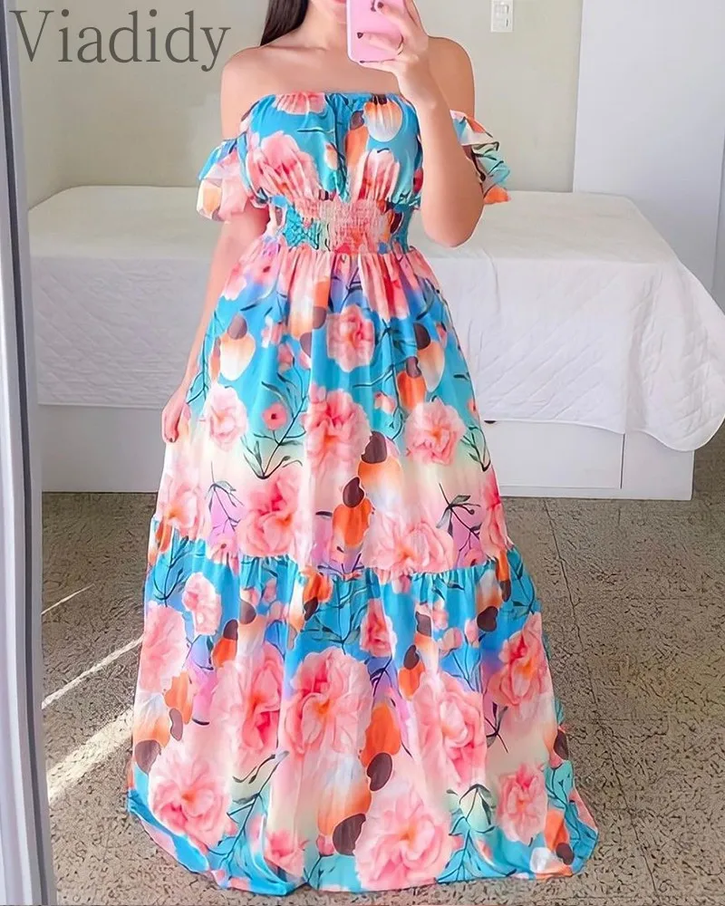

Women Slash Neck Floral Print Off Shoulder Shirred Waist Maxi Dress