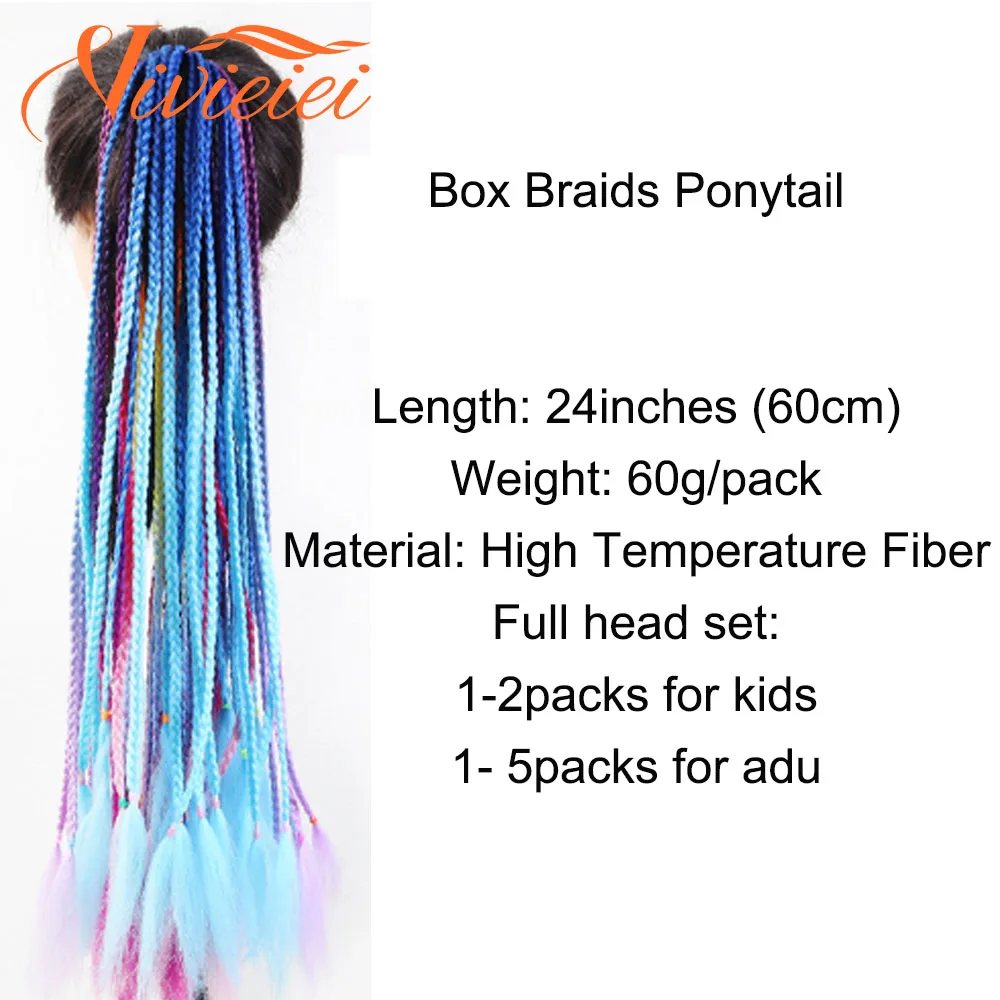 

Box Braid Ponytail Extensions Ombre Synthetic Box Braids Hair For Kids 24Inch Hairpiece With Rubber Band Pontail Pink Rainbow