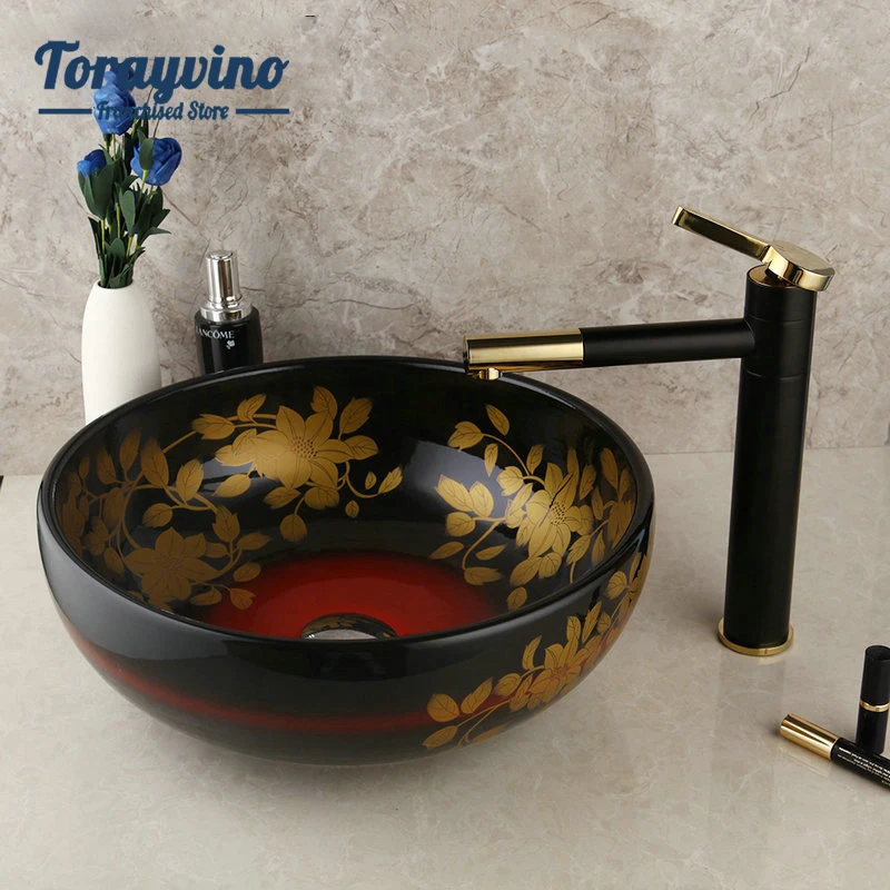 

Torayvino Bowl Sink Black Ceramic Bathroom Washbasin Lavatory Basin Combine Black Painting Swivel Brass Faucet Mixer Tap