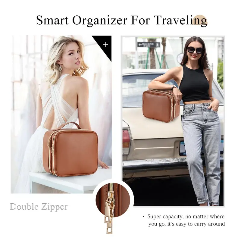 Double Layer Travel Makeup Bag Organizer Large Makeup Case with Dividers Cosmetic Train Case Toiletry Bags