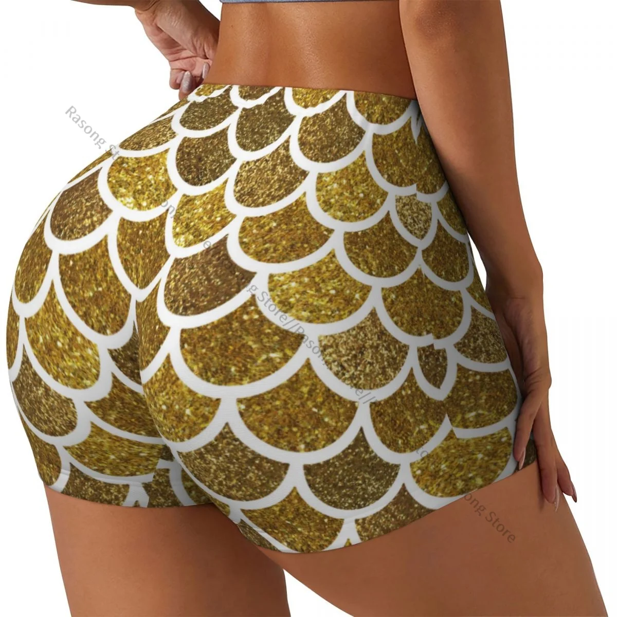 Шорты для йоги золотистые блестящие женские байкерские плотные эластичные