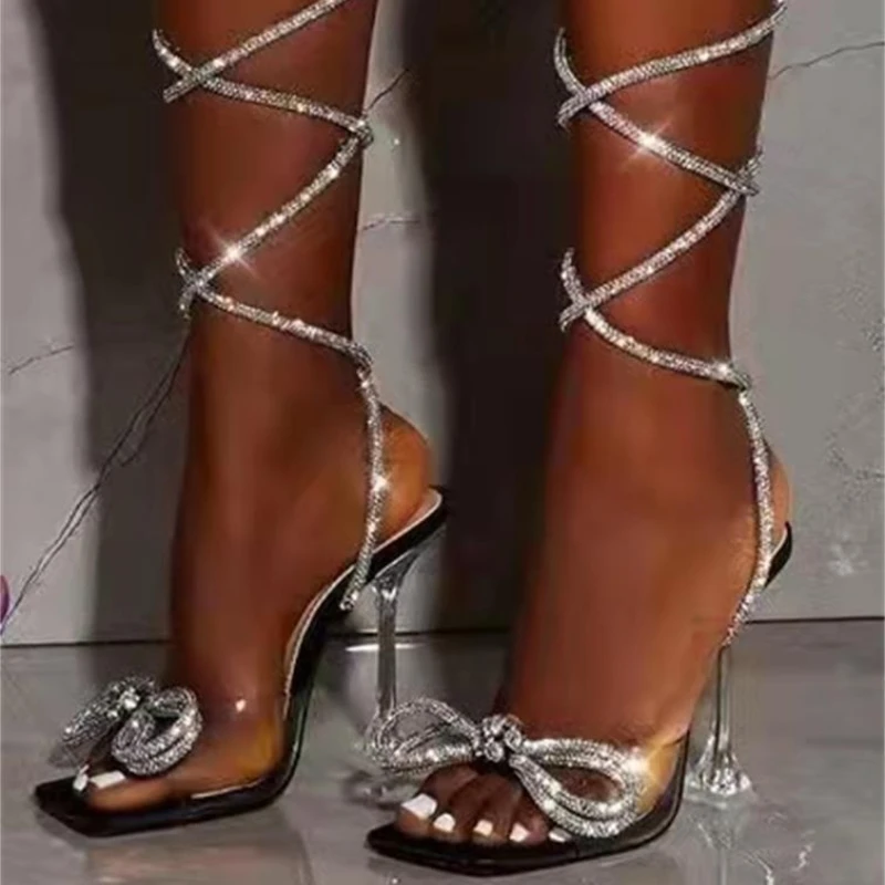 

Rhinestone Women Sandals 2022 Summer Roman Plus Size Strappy Bow Party High Heels Square Toe Mules Shoes Sandalias De Mujer