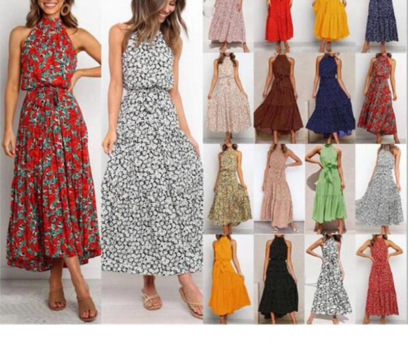

2022 Summer New Halter Neck Polka Dot Print Lace-up Dress Long Skirt