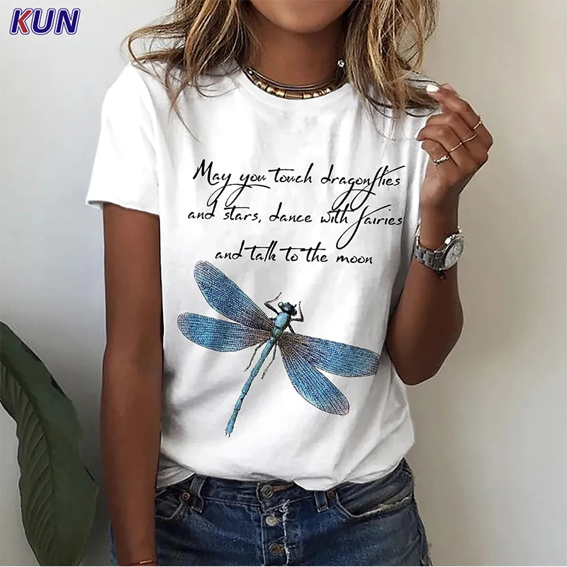 

2022 Summer Women's Dragonfly Printed Painting Pullover Round Neck Tee Shirts Elegant Loosen Streetwear Oversized Female T Shirt
