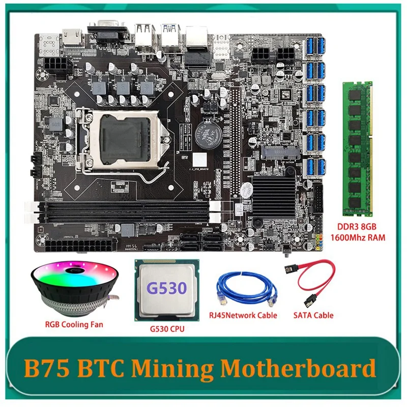 

B75 ETH Mining Motherboard 12 PCIE To USB LGA1155 With G530 CPU+DDR3 8GB 1600Mhz RAM+Cooling Fan B75 BTC Miner Mining