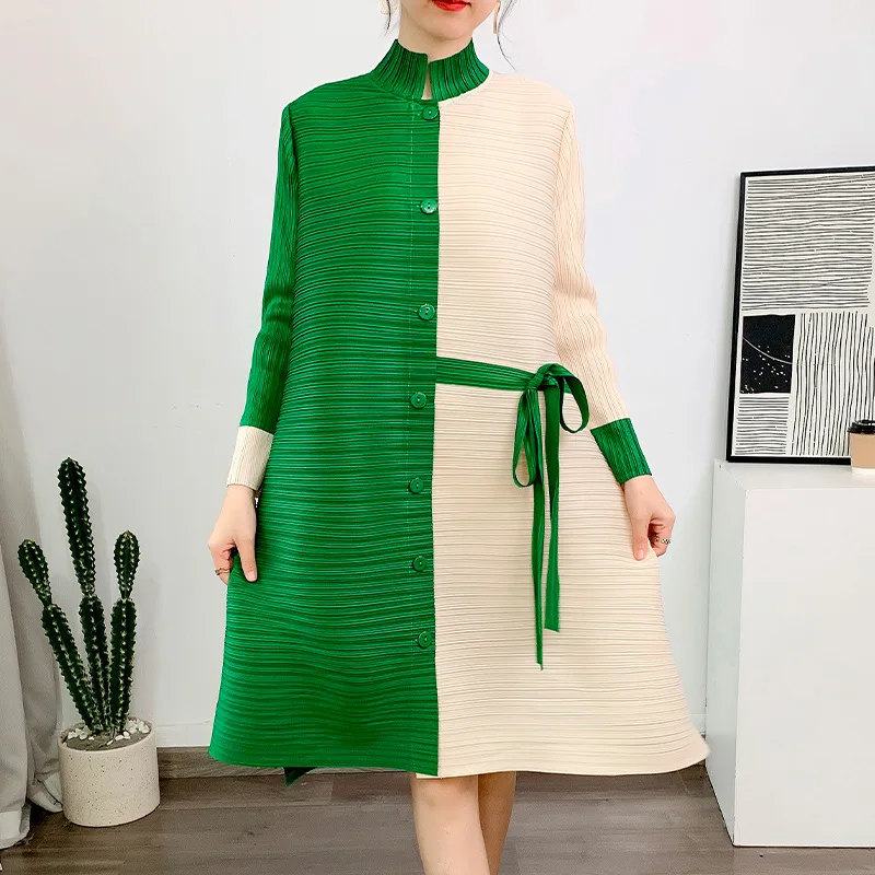 

Lily pleated spring and summer oversized stand-up collar color-blocking shirt fashionable foreign jacket women's mid-length