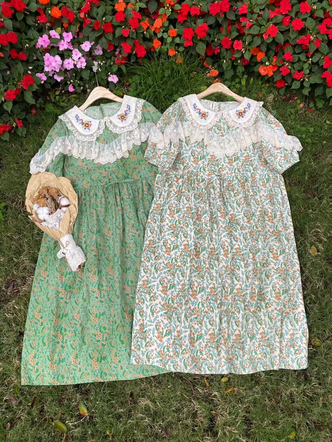 

Sweet Lace Stitching Fairy Dress Cotton Linen Print Embroidered Peter Pan Collar Loose Casual Short Sleeve Pullover Summer Dress