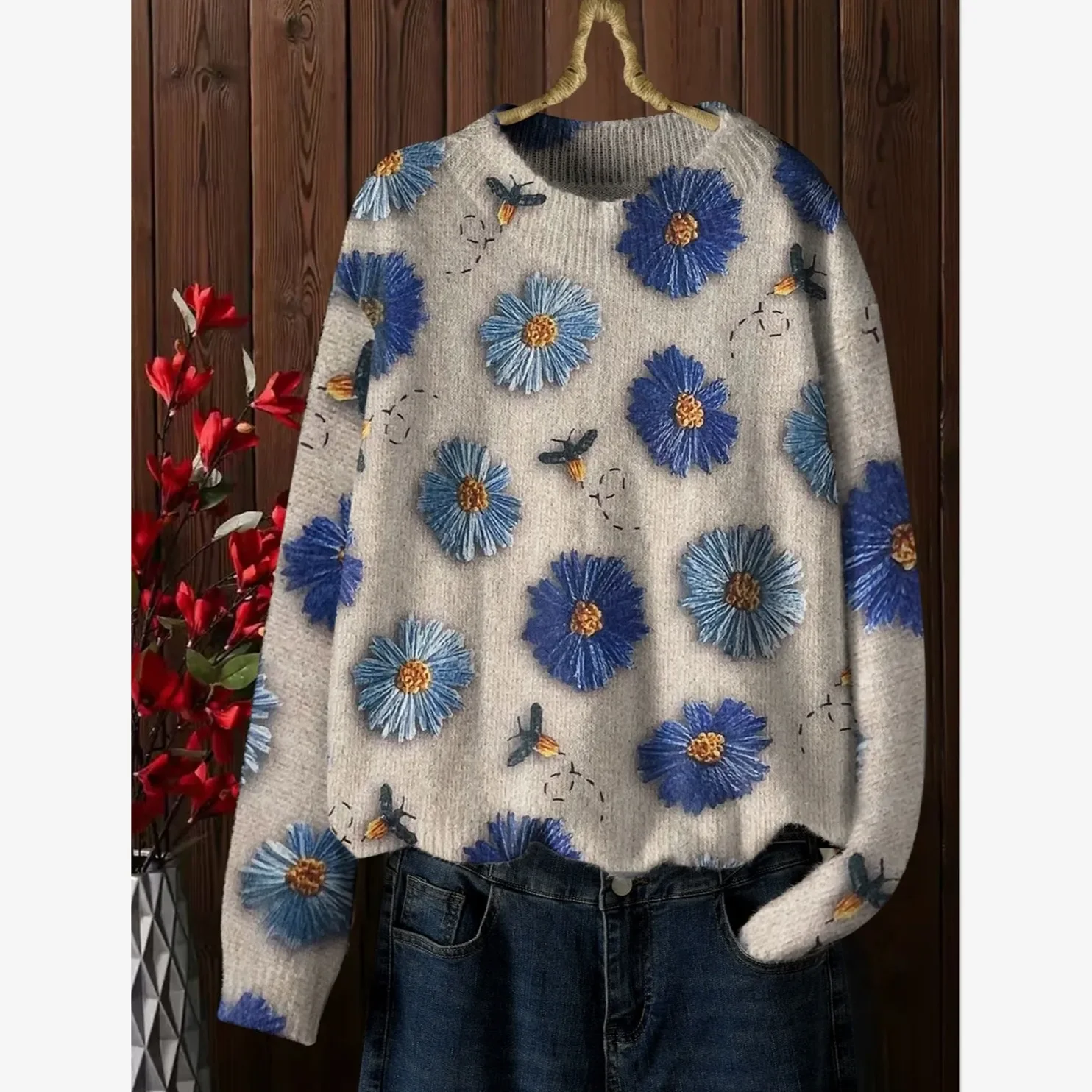 Новый осенне-зимний свитер женский винтажный с цветочным принтом милый вязаный
