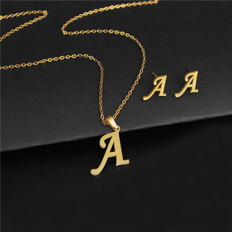 

Stainless steel letter pendant chain A-Z charm initial necklace earrings jewelry set gift