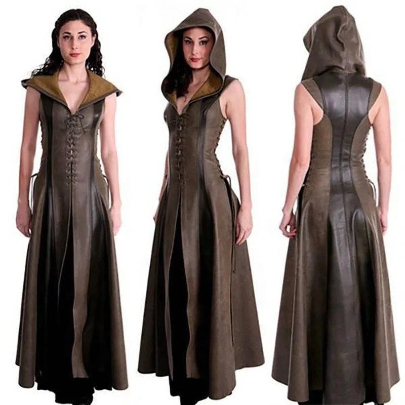 

Women Medieval Larp Archer Ranger Elf Costume Femal Warrior Halloween Robin Cosplay Bandage Dress Leather Hooded Robe Maxi Cloak