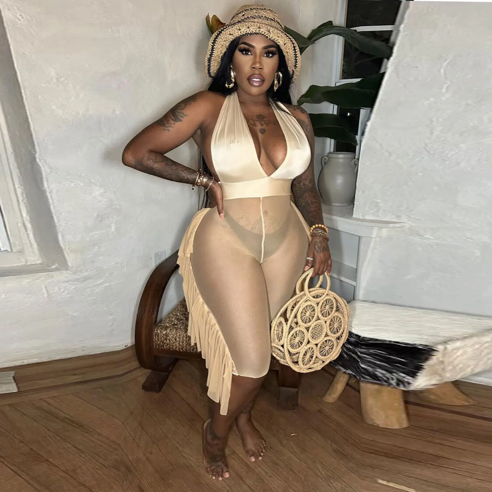 

Summer Casual Sexy Ruffles Mesh Sleeveless Deep V See Through Swimming Suit Women Halter Skinny Backless Beach Bikini Rompers