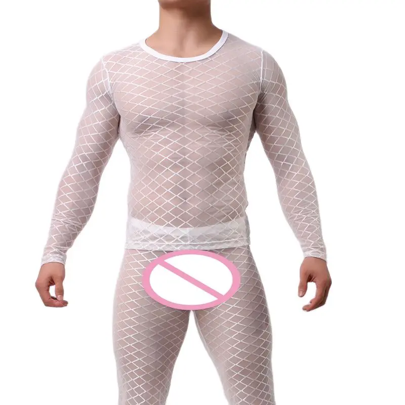 CLEVER-MENMODE Mesh Pajamas Set Men Sleepwear Sexy Fishnet Long Sleeve Erotic Grid Singlet T Shirt Thin Tops Undershirt Pants