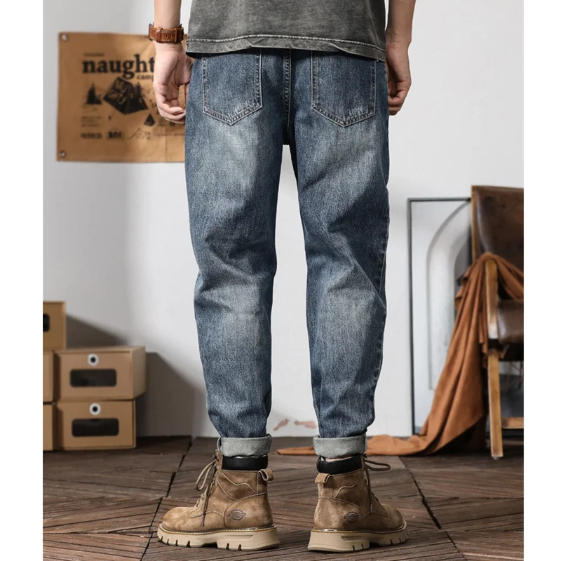 Streetwear Men 2022 New Style Pattern Vintage Recreational Blue Haren Pants Straight Cylinder Loose Ripped Jeans Autumn Female