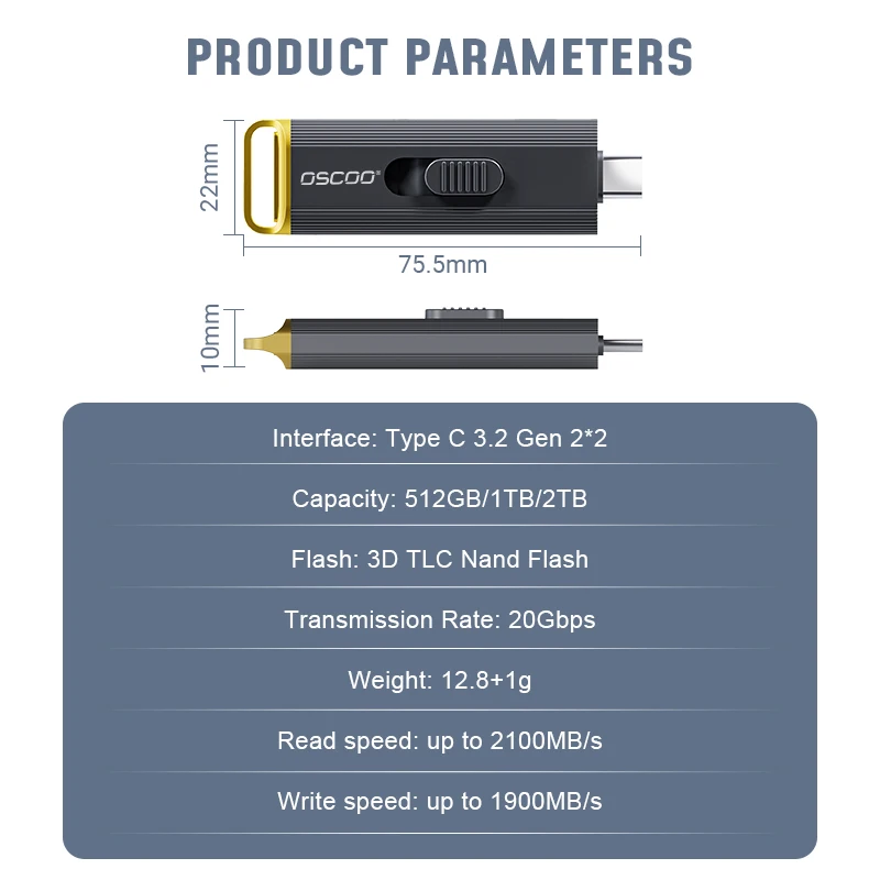 OSCOO PSSD 1 ТБ SSD USB-накопитель 20 Гбитс 3D TLC Nand Flash Type C 3.2 Gen2*2 Диск памяти Беспроводной портативный SSD USB-накопитель (art.: 3920d2d5d5cb0) - 3920d2d5d5cb0