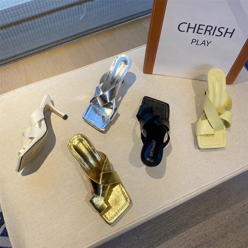 

Female Shoes Low Slippers Heels Slides Fashion 2023 High Luxury Fabric Scandals Rome Basic Rubber PU Hoof Female Shoes Slippers