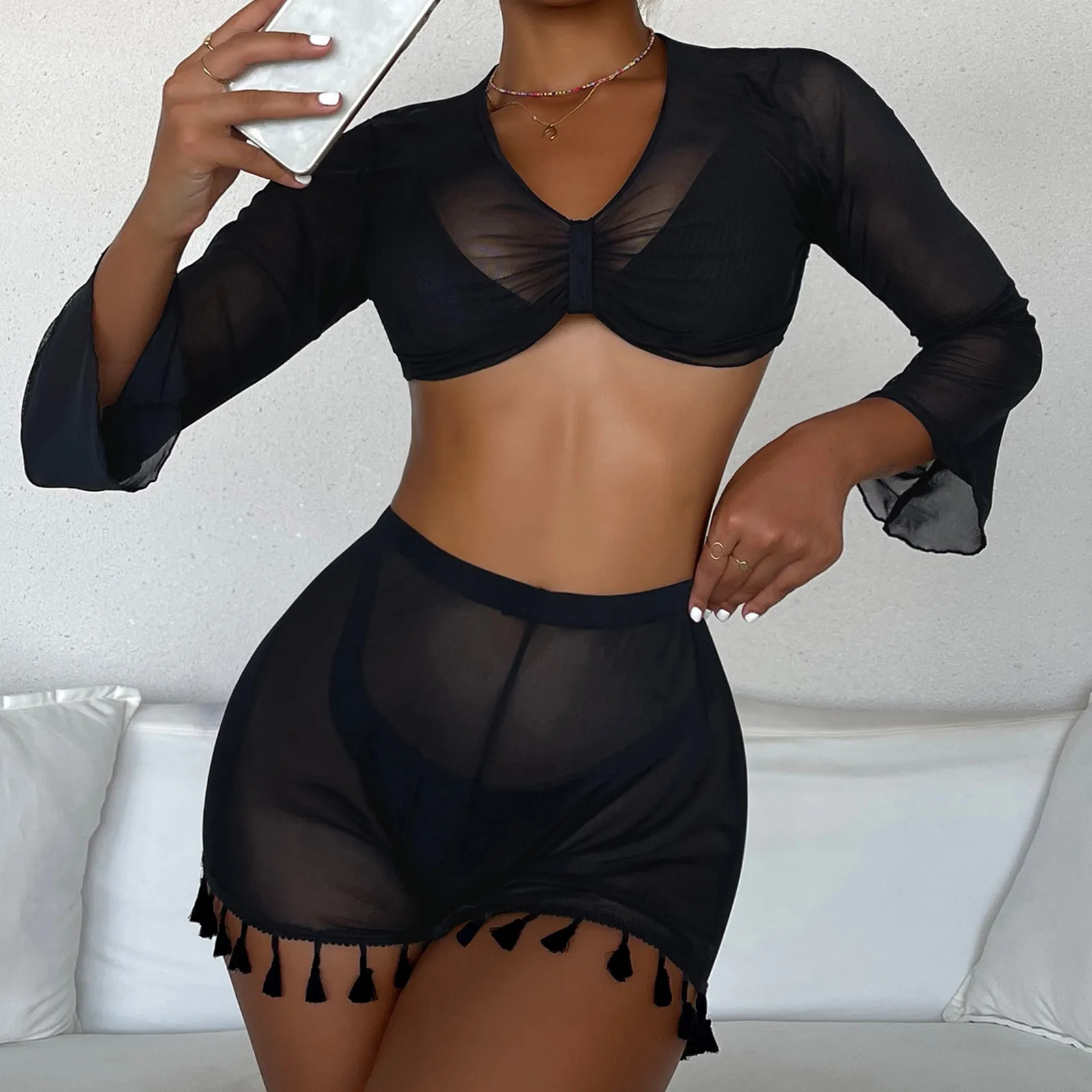 

2pcs Bathing Suit Women Long Sleeve Cover-ups Sets Bikini Cover Up Summer Ladies Sexy Top + Swim Shorts Beach Ladies Swimsuits