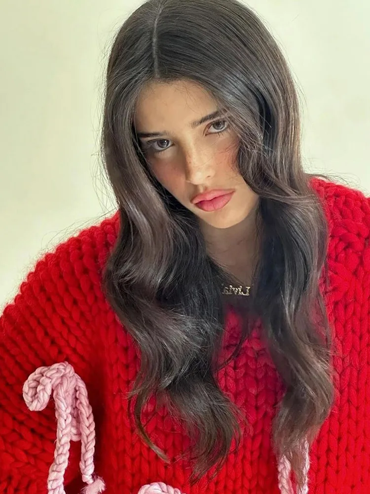 Шикарный красный пуловер с круглым вырезом и длинными рукавами теплый розовый