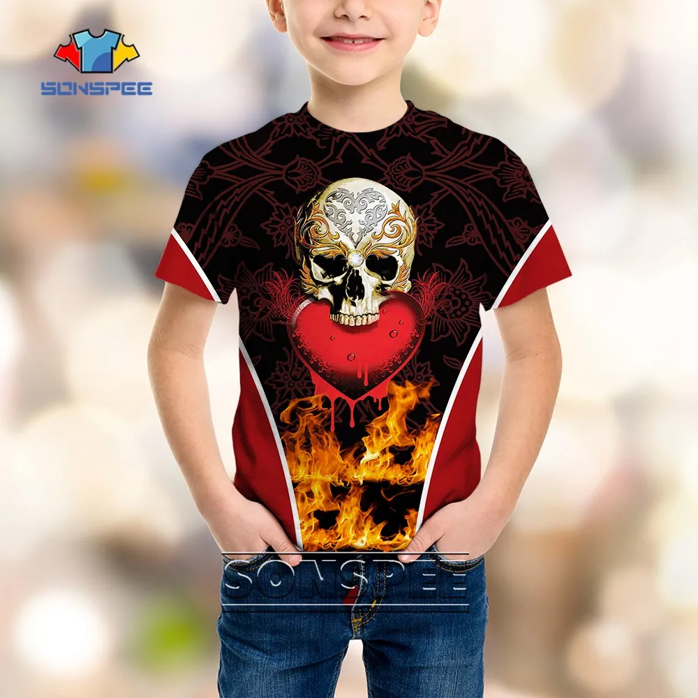 

SONSPEE 3D Printed Hell Demon Monster T Shirt Boy Girl Oversized Trend Clothing Horror Skull Short Sleeve Kids Toddler Thin Tops