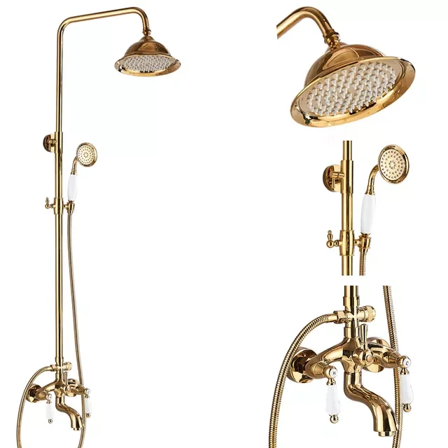 

Gold Shower Faucets Set Rainfall Shower Bathroom Wall Mount Shower System Swivel Tub Spout Bath Shower Mixer Faucet Kit
