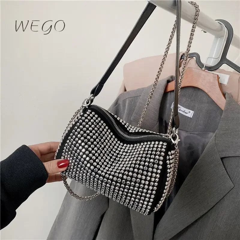 

Luxury Rhinestone Shoulder Bag 2023 New Underarm Bag Handbag Free Shipping Black Silver Small Shoulder Bag for Women