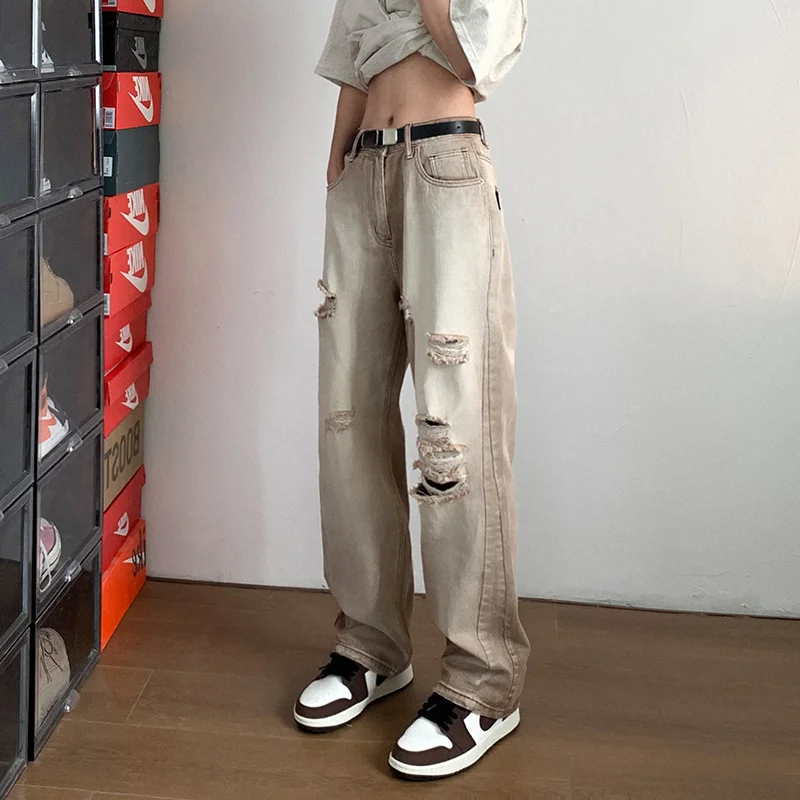 Summer Brown Ripped Jeans Men Fashion Casual Hole Baggy Jeans Men Streetwear Loose Hip Hop Straight Denim Pants Mens Trousers