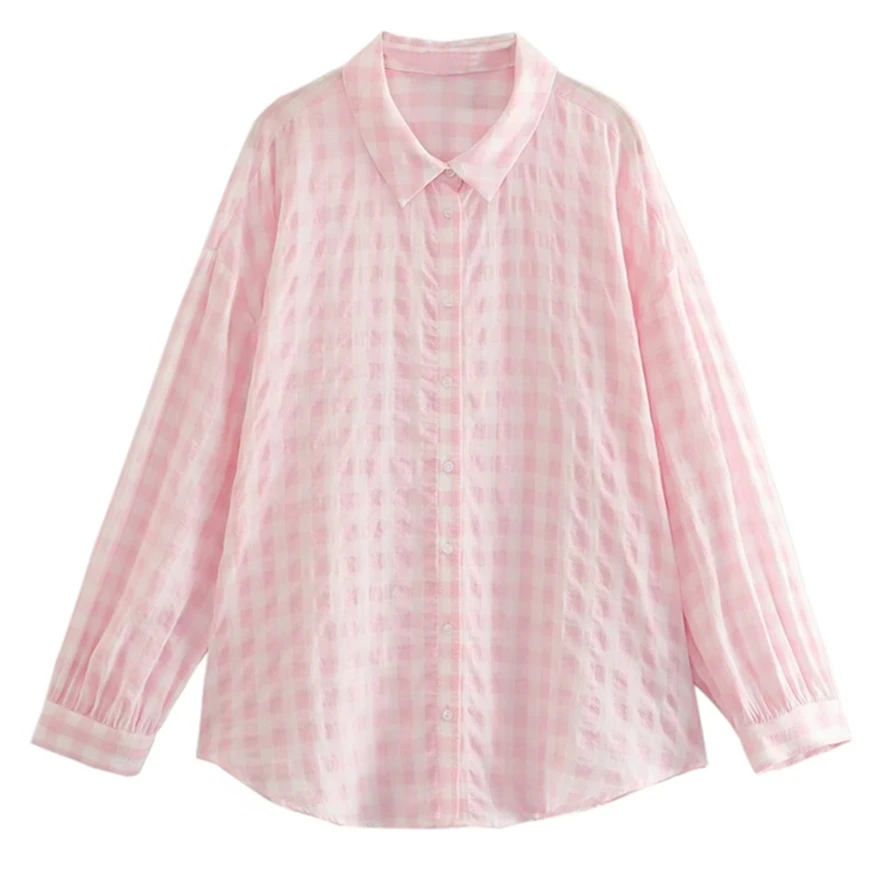 

Elmsk High Street Fashion Blogger Pink Plaid Texture Shirt Summer Loose Chiffon Shirt Top Women