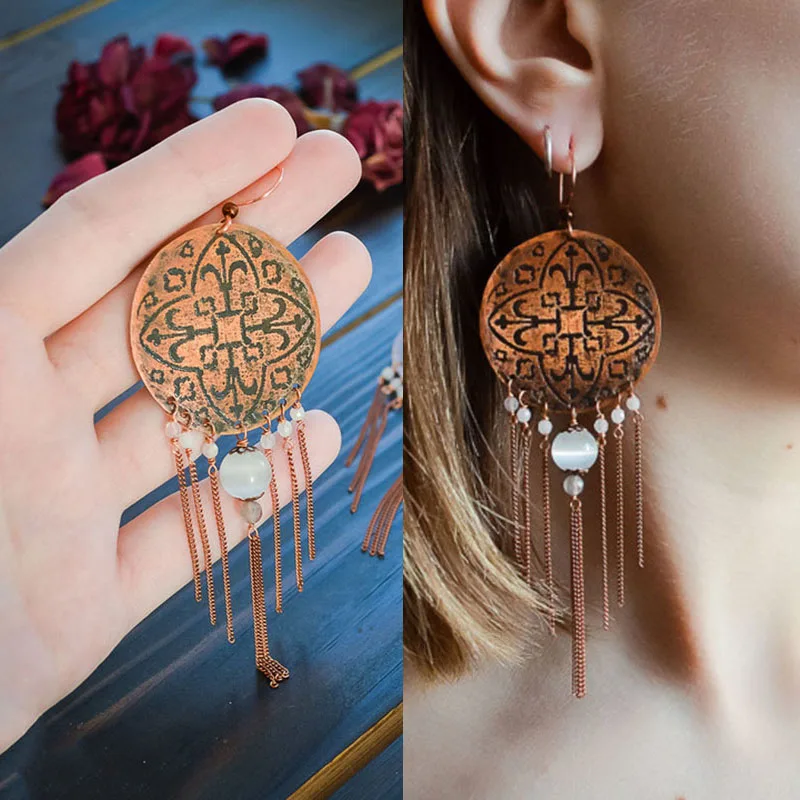 

Large Heavy Bronze Round Metal Tassel Earrings For Women Ethnic Jewelry Carved Flower Pattern White Beads Handmade Earring