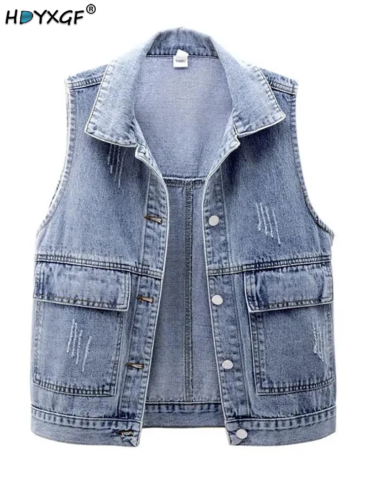 

Синяя однобортная Джинсовая безрукавка с лацканами и широкими плечами для пожилых женщин в студенческом стиле универсальные летние куртки...