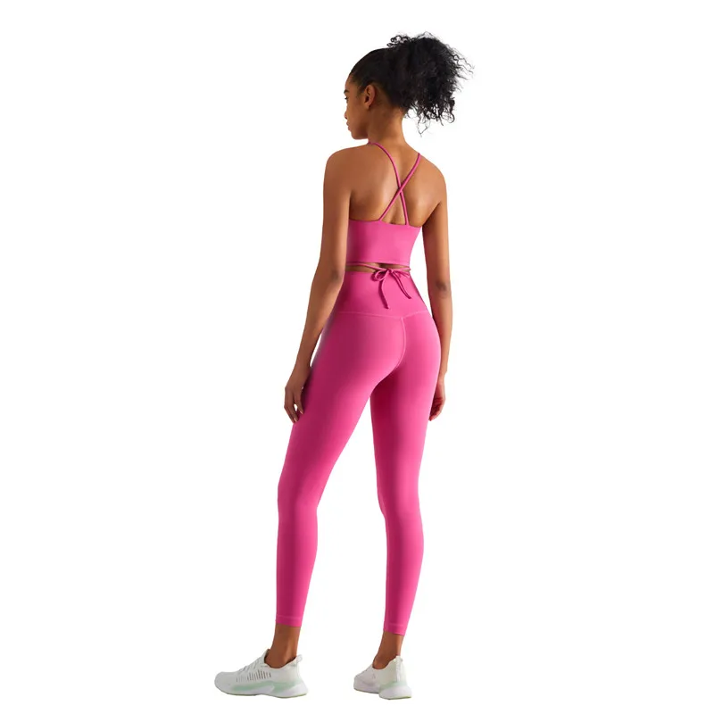 Solid Color Women Gym Fitness Yoga Set Back Cross Strap Crop Top Leggings 2pc Suit Soft Squat Proof Comprehensive Training Wear