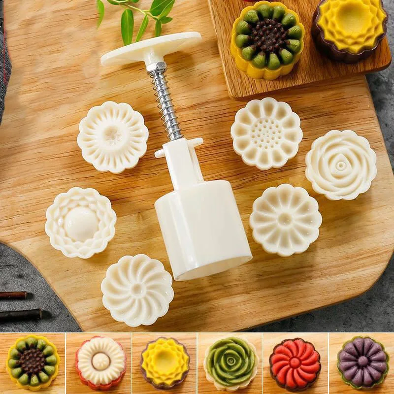 

6pcs/set Hand Pressure Mooncake Mold DIY Flower Animal Shaped Snowskin Moon Cake Mould Home Nonstick Printed Pastry Baking Mould