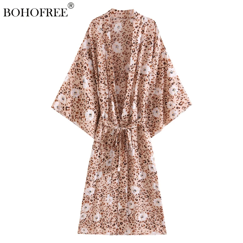 

Vintage Boho White Floral Long Robes Batwing Sleeve Casual Beachwear Rayon Cotton Bohemian Cover Ups Leopard Print Kimono