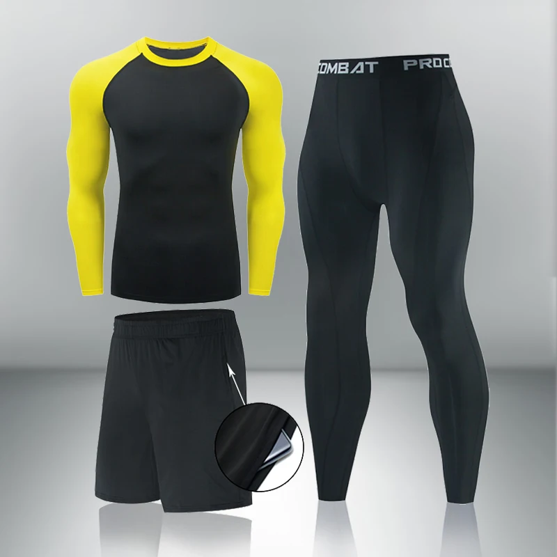 Men's Sports Suit rashgard male Quick drying Compression T-shirt+leggings Shorts Set Fitness Training kit Thermal Underwear