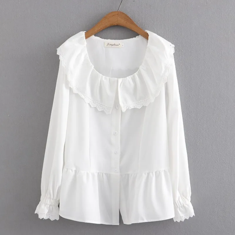 

4XL Plus Size Shirt Women 2023 Spring Peter Pan Collar Lace Chiffon Blouses Long Sleeve Bottoming Tops Oversized Curve Clothes