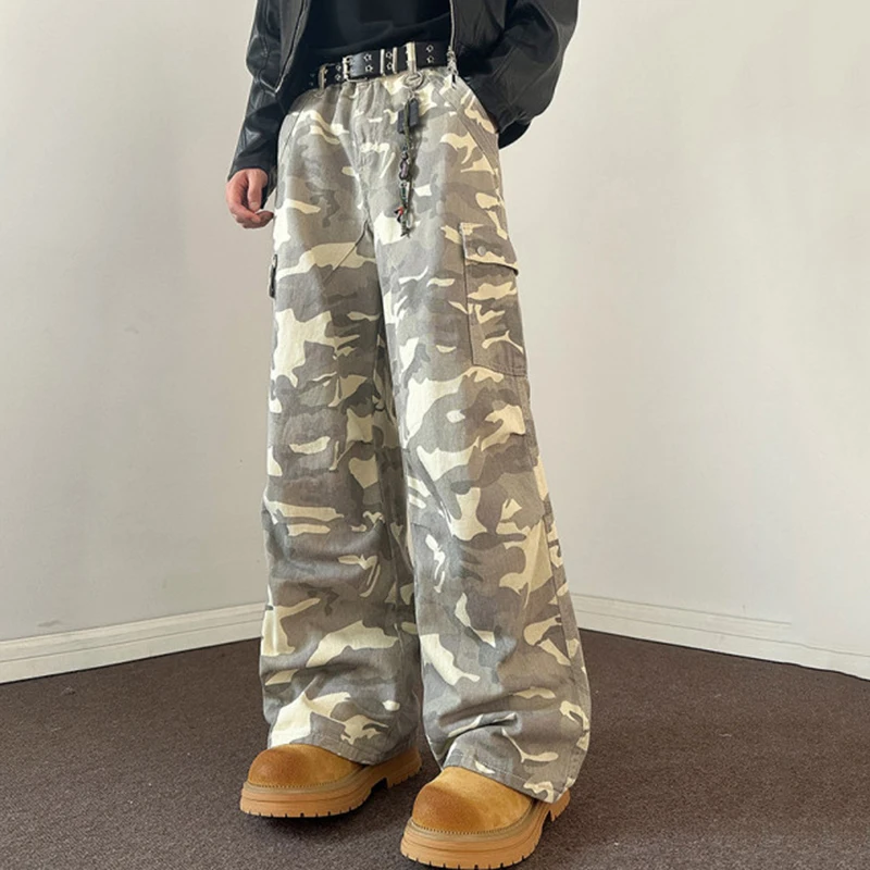 FEWQ мужские камуфляжные рабочие брюки 2024 контрастные цвета корейские модные