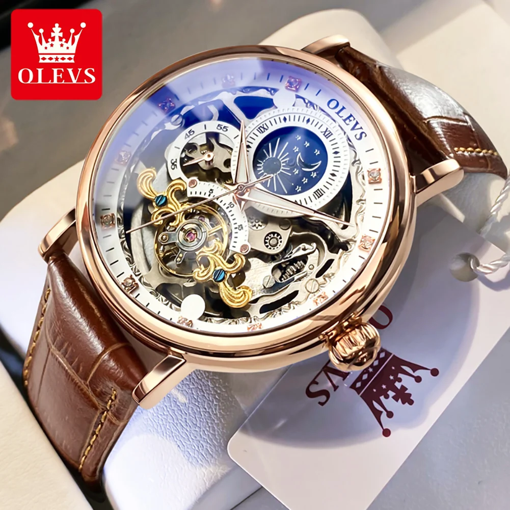 

OLEVS Moon Phase Men Mechanical Watch with Dual Time Zone Display Waterproof Automatic Skeleton Mens Watches Top Brand Luxury