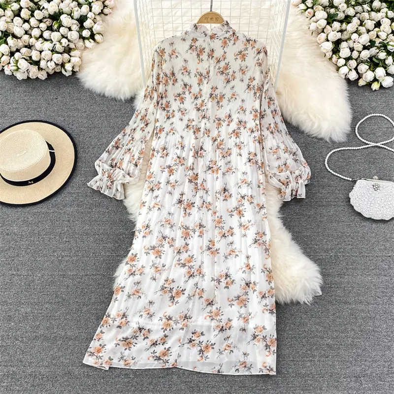 

2022 Spring New Korean Version Stand Collar Loose Bubble Long Sleeve Pleated Floral Chiffon Dress Elegant Long Dress Maxi H264