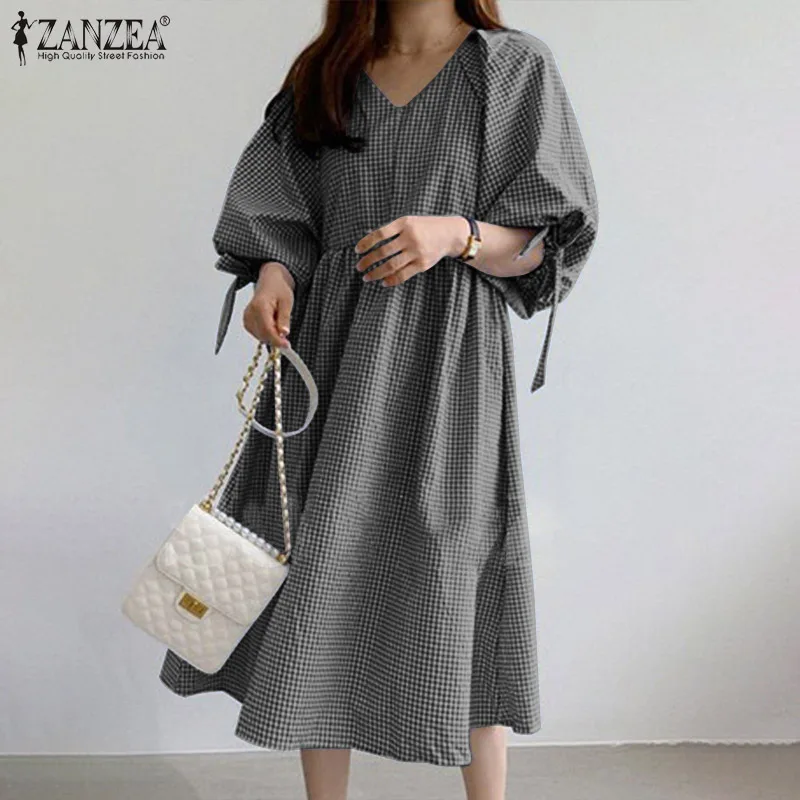 

Летнее богемное клетчатое платье 2022 ZANZEA, женское пляжное платье с v-образным вырезом и рукавом 3/4, платье трапециевидной формы средней длины