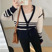 womens chic long sleeve v neck cardigan spring autumn koreana style stripe knitting jacket lady slim sweater outwear top