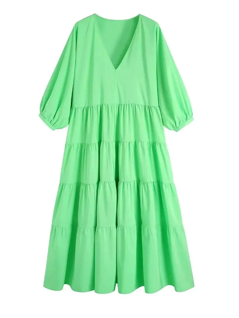 

Женское платье-макси с оборками, элегантное зеленое платье-трапеция в стиле пэчворк, платье из поплина с длинным рукавом и высокой талией, в...