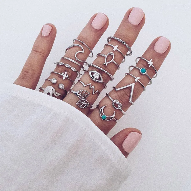 

Bohemian Europe and America Cross Border Leaf Elephant Cross Moon Turquoise Match Sets Female Ring 20-Piece Set Women Rings
