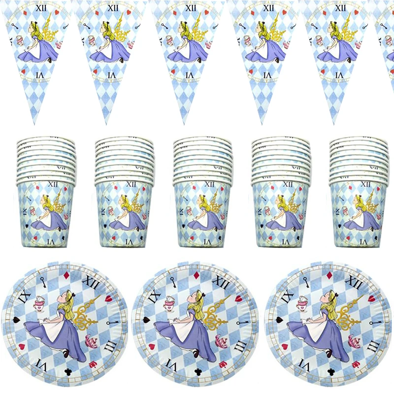 

90pcs/lot Birthday Party Alice In Wonderland Theme Flags Decorate Glass Bunting Baby Shower Banner Plates Kids Favors Cups