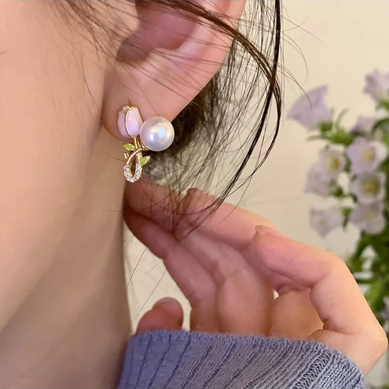 

VENTFILLE 925 Sterling Silver Flower Zircon Pearl Earring for Women Tulip Cute Versatile Jewelry Gift Dropshipping