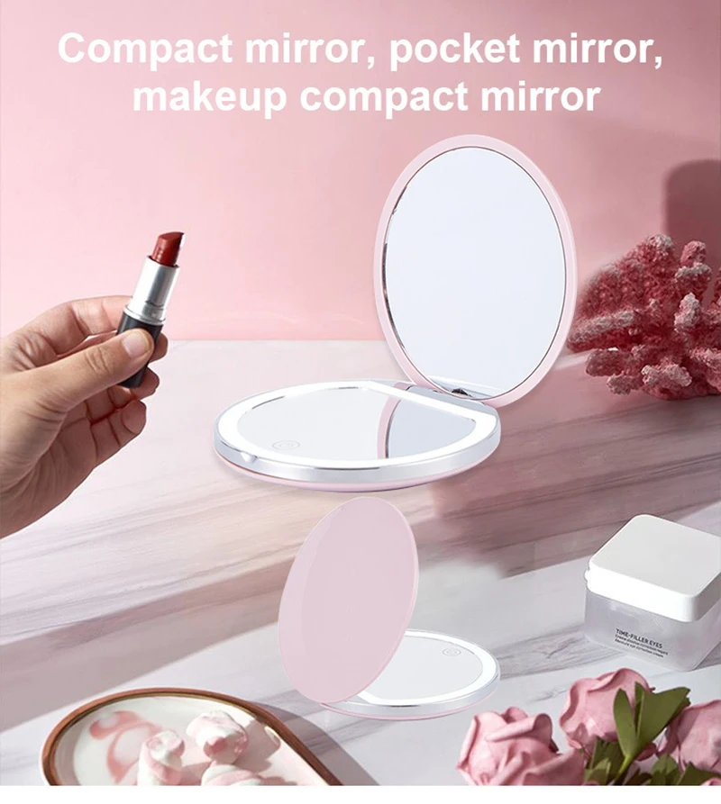 Купи D5 Mini Makeup Mirror with LED Lights Portable Compact Pocket USB Chargeable Folding Makeup Tables Mirror Cosmetic Selfie Light за 293 рублей в магазине AliExpress