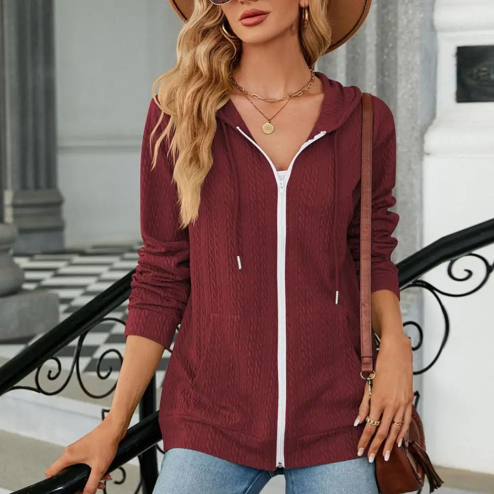 

Women Coat Soft Hooded Drawstring Sweater Coat Solid Color Long Sleeve Zip Up Jacket Thick Pockets Loose Knitted Outerwear